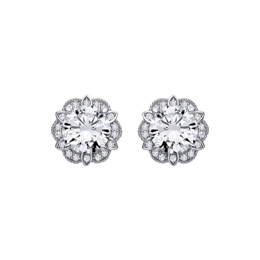 Silver  CZ Tudor Rose Flower Scalloped Halo Stud Earrings - EAG1322