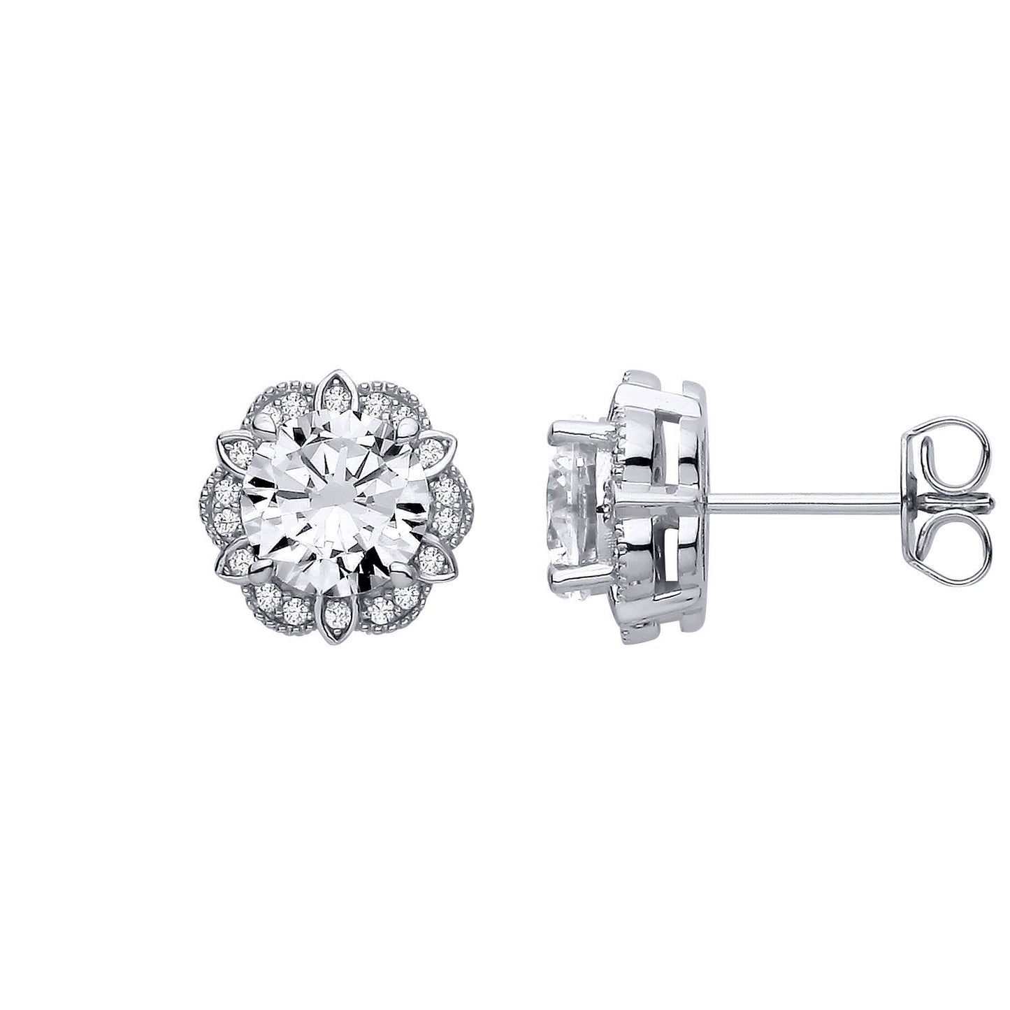 Silver  CZ Tudor Rose Flower Scalloped Halo Stud Earrings - EAG1322