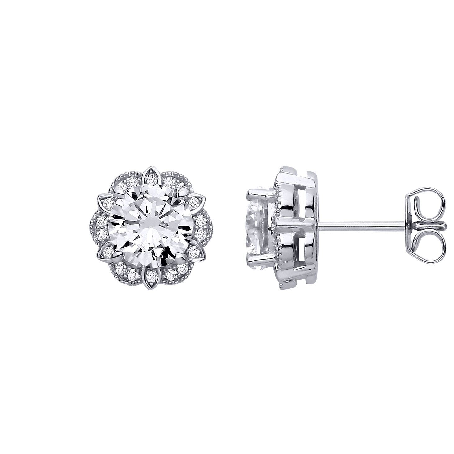 Silver  CZ Tudor Rose Flower Scalloped Halo Stud Earrings - EAG1322