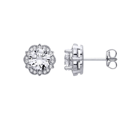 Silver  CZ Tudor Rose Flower Scalloped Halo Stud Earrings - EAG1322