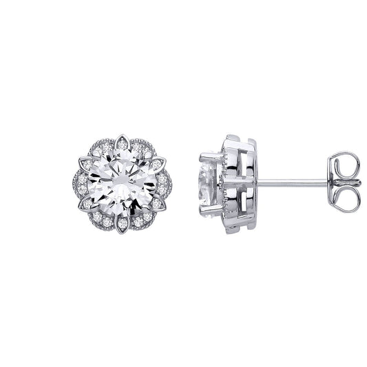 Silver  CZ Tudor Rose Flower Scalloped Halo Stud Earrings - EAG1322