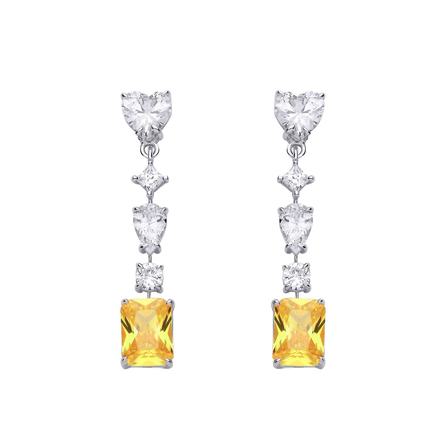 Silver  Yellow Heart & Pear CZ Amber Sunset Tiered Drop Earrings - EAG1323