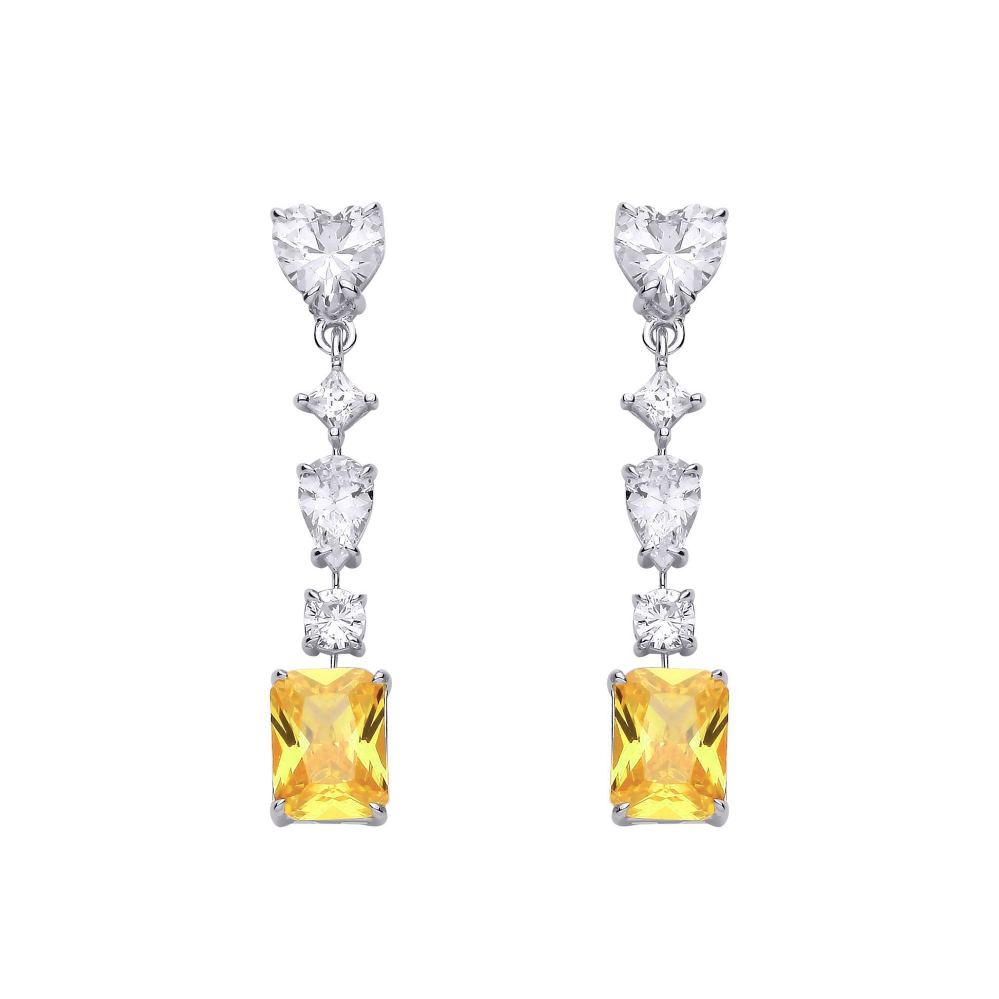 Silver  Yellow Heart & Pear CZ Amber Sunset Tiered Drop Earrings - EAG1323