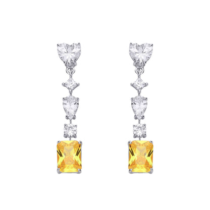 Silver  Yellow Heart & Pear CZ Amber Sunset Tiered Drop Earrings - EAG1323