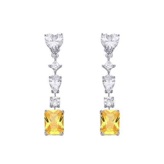 Silver  Yellow Heart & Pear CZ Amber Sunset Tiered Drop Earrings - EAG1323