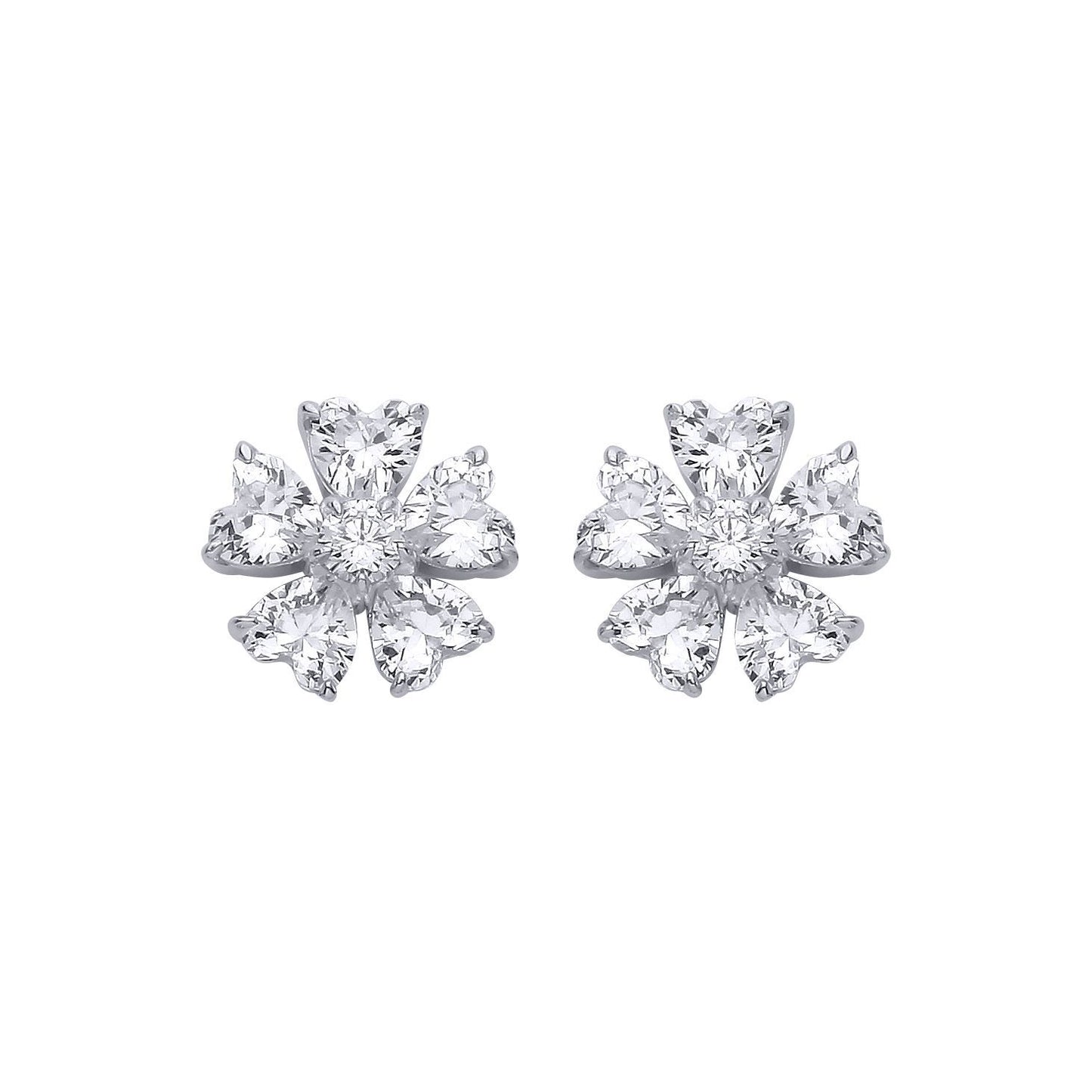 Silver  Heart CZ Eternal Bloom 5 Petal Flower Stud Earrings - EAG1324