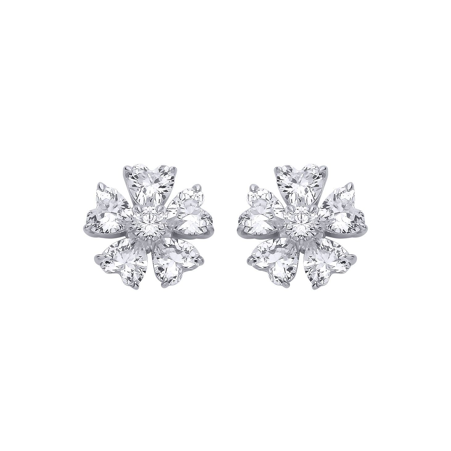 Silver  Heart CZ Eternal Bloom 5 Petal Flower Stud Earrings - EAG1324