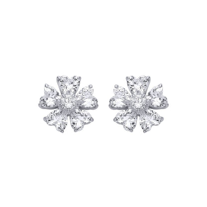 Silver  Heart CZ Eternal Bloom 5 Petal Flower Stud Earrings - EAG1324