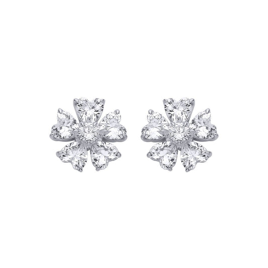 Silver  Heart CZ Eternal Bloom 5 Petal Flower Stud Earrings - EAG1324