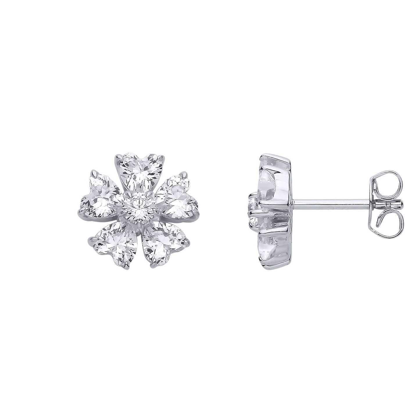 Silver  Heart CZ Eternal Bloom 5 Petal Flower Stud Earrings - EAG1324