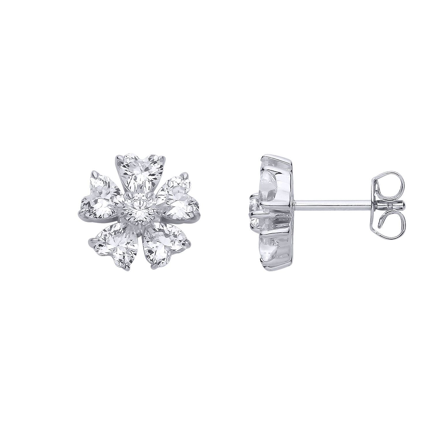 Silver  Heart CZ Eternal Bloom 5 Petal Flower Stud Earrings - EAG1324