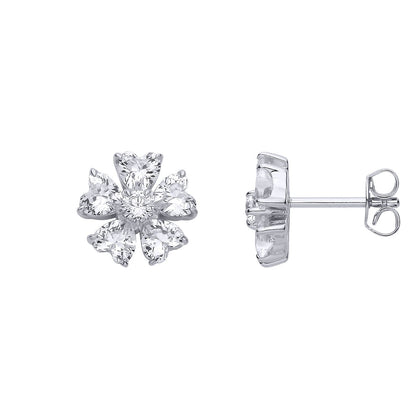 Silver  Heart CZ Eternal Bloom 5 Petal Flower Stud Earrings - EAG1324