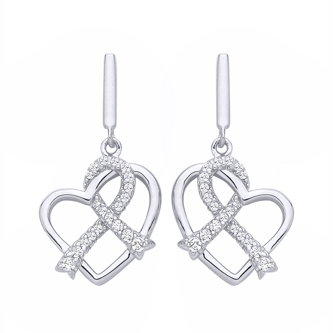 Silver  CZ Twined Love Heart Pave Ribbon Drop Earrings - EAG1326