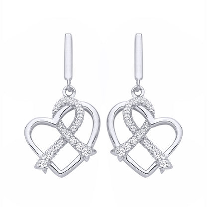 Silver  CZ Twined Love Heart Pave Ribbon Drop Earrings - EAG1326