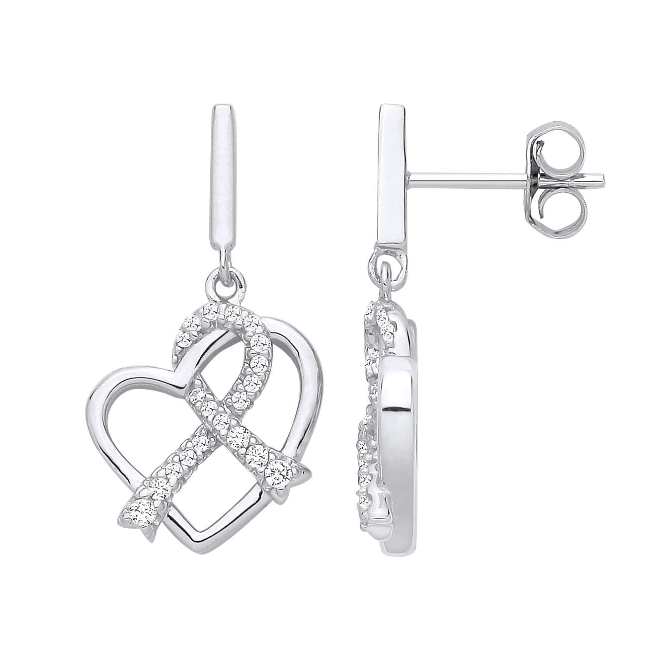 Silver  CZ Twined Love Heart Pave Ribbon Drop Earrings - EAG1326