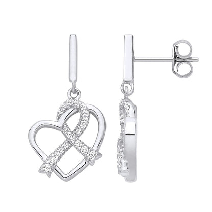 Silver  CZ Twined Love Heart Pave Ribbon Drop Earrings - EAG1326