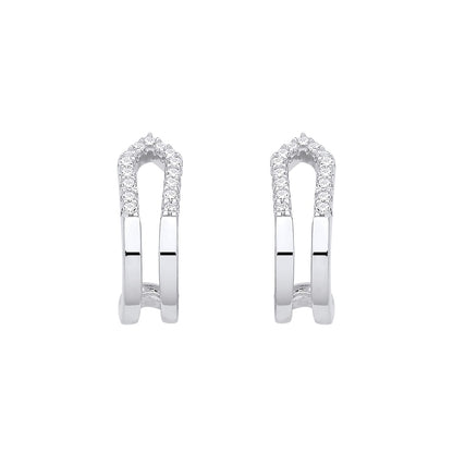 Sterling Silver CZ Double Row Half Hoop Earrings - EAG1330