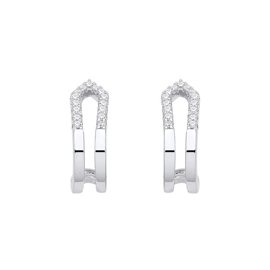 Sterling Silver CZ Double Row Half Hoop Earrings - EAG1330