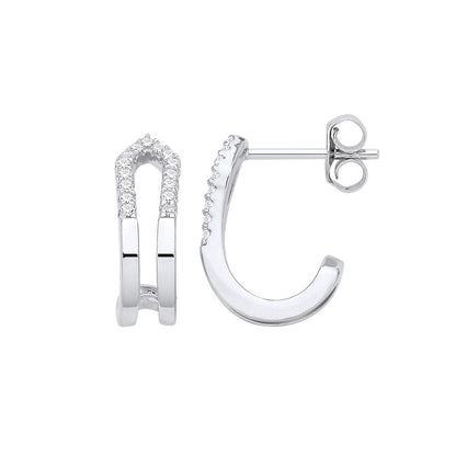 Sterling Silver CZ Double Row Half Hoop Earrings - EAG1330