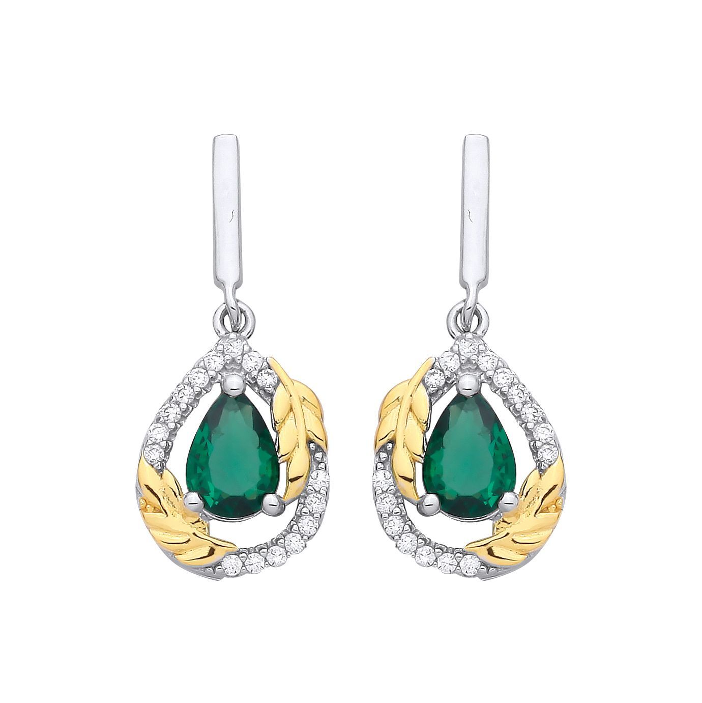 Gold-plated Silver  Green CZ Pearl Halo Olive Branch Drop Earrings - EAG1331