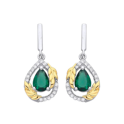 Gold-plated Silver  Green CZ Pearl Halo Olive Branch Drop Earrings - EAG1331