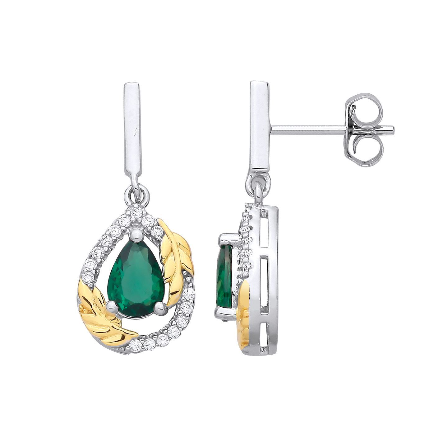 Gold-plated Silver  Green CZ Pearl Halo Olive Branch Drop Earrings - EAG1331