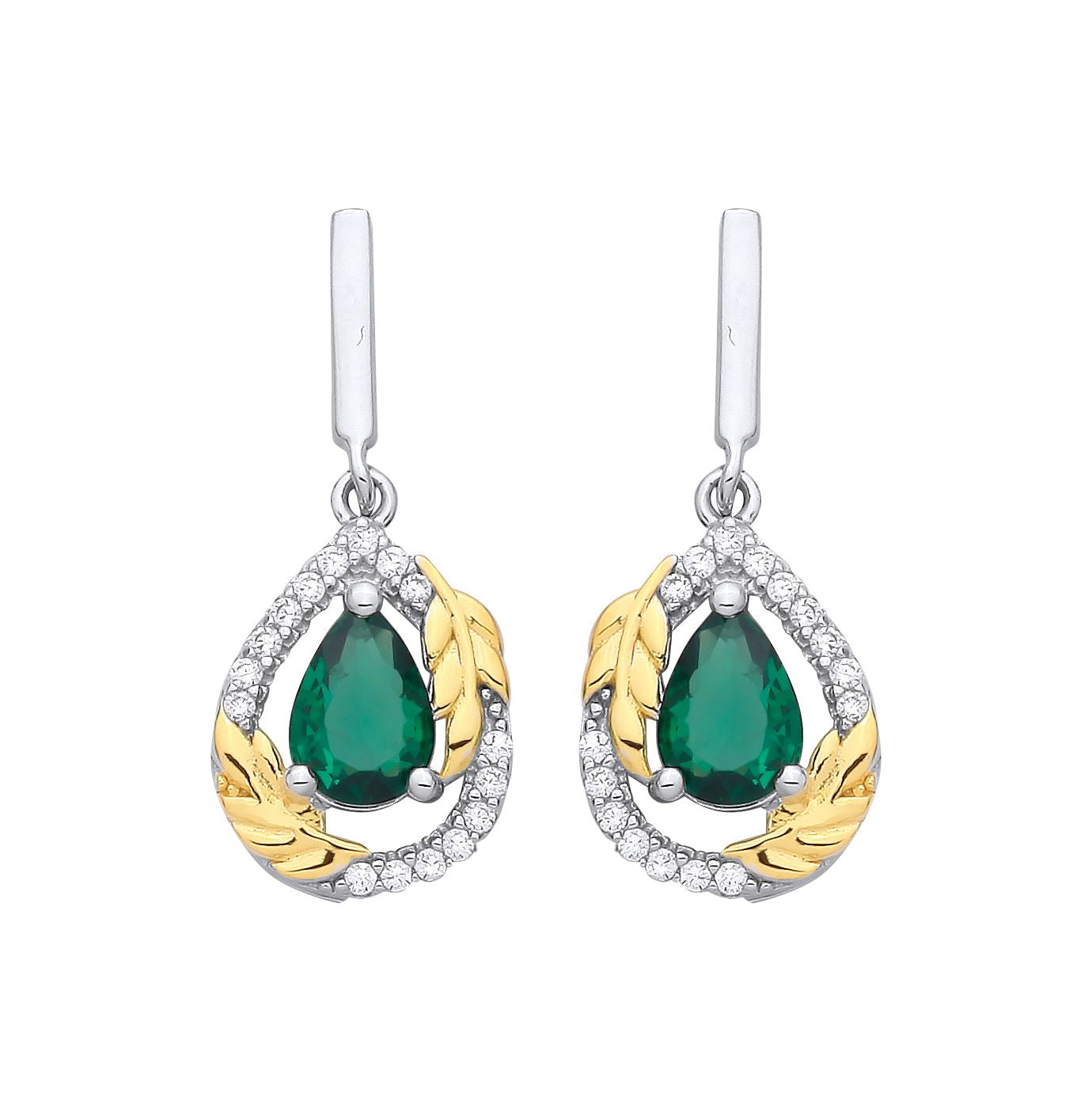 Sterling Silver & Gold Plated CZ & Emerald Tear Drop Earrings - EAG1331