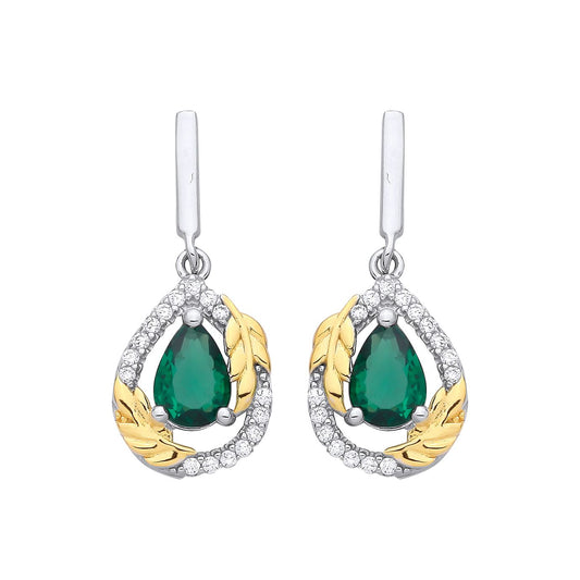 Sterling Silver & Gold Plated CZ & Emerald Tear Drop Earrings - EAG1331