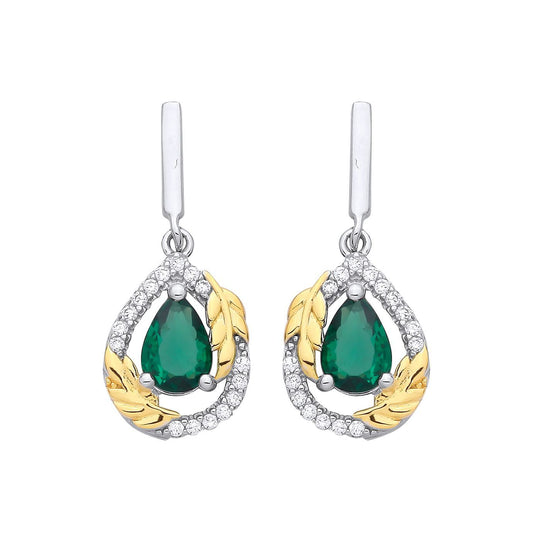 Gold-plated Silver  Green CZ Pearl Halo Olive Branch Drop Earrings - EAG1331