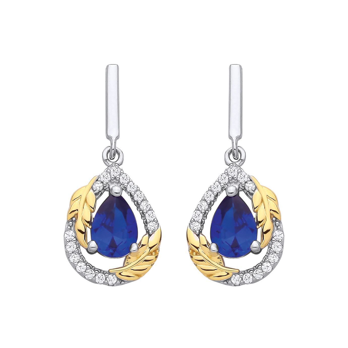Gold-plated Silver  Blue CZ Pearl Olive Branch Leaf Drop Earrings - EAG1332