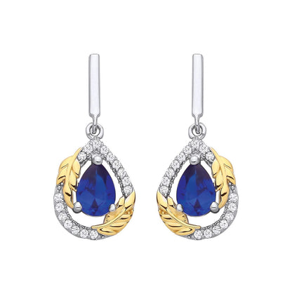 Gold-plated Silver  Blue CZ Pearl Olive Branch Leaf Drop Earrings - EAG1332