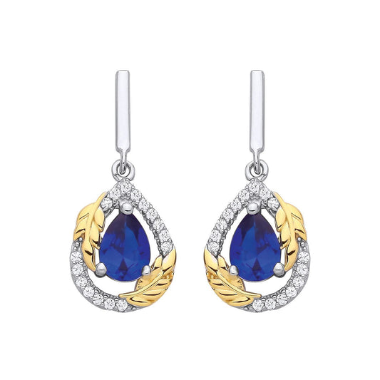 Gold-plated Silver  Blue CZ Pearl Olive Branch Leaf Drop Earrings - EAG1332