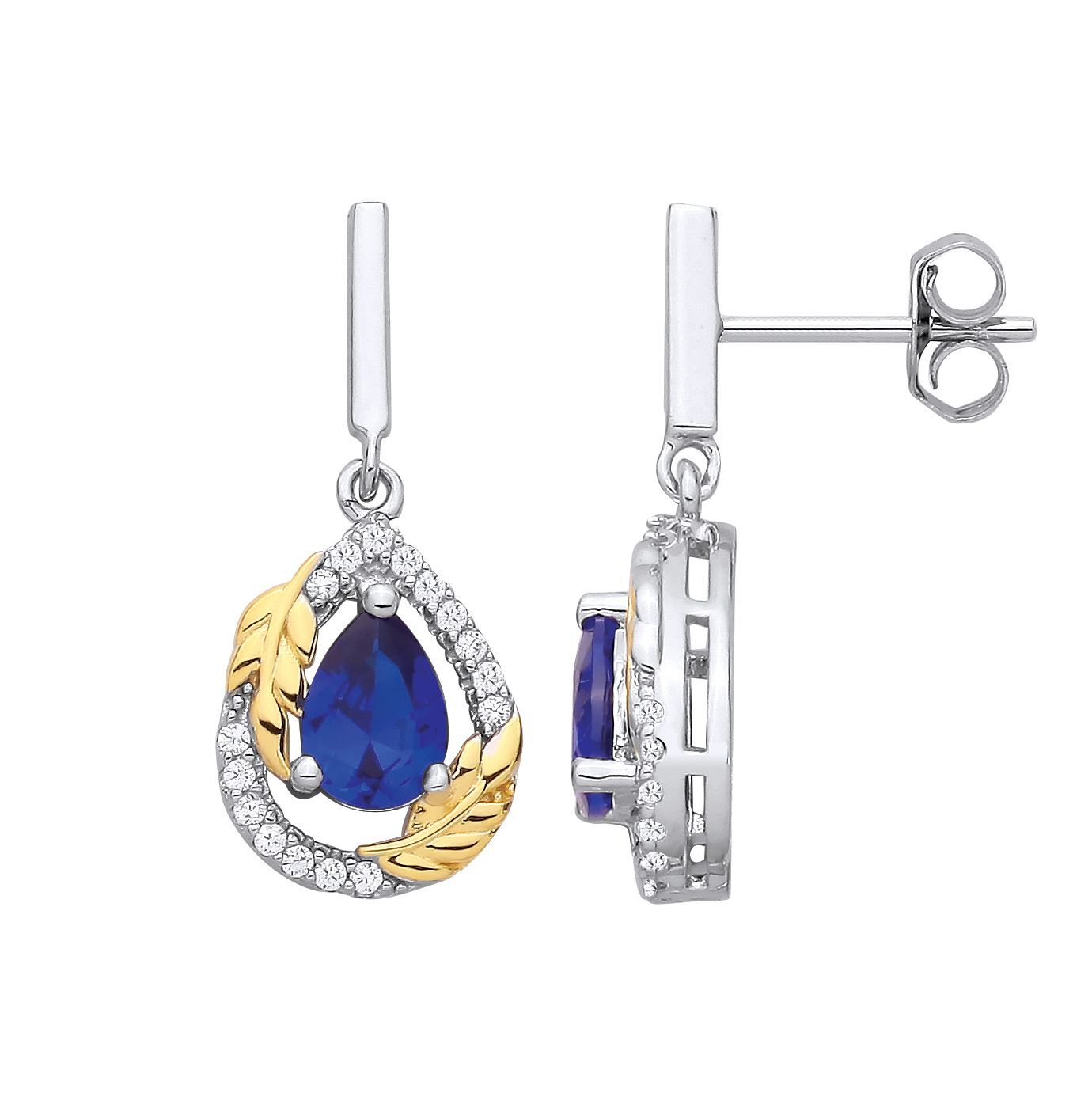 Gold-plated Silver  Blue CZ Pearl Olive Branch Leaf Drop Earrings - EAG1332