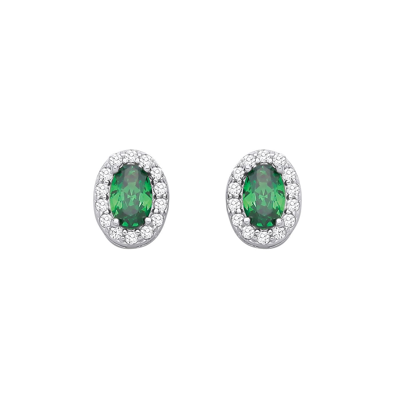 Silver  Green Oval CZ Oval Halo Royal Cluster Stud Earrings - EAG1334EM