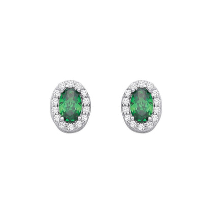 Silver  Green Oval CZ Oval Halo Royal Cluster Stud Earrings - EAG1334EM
