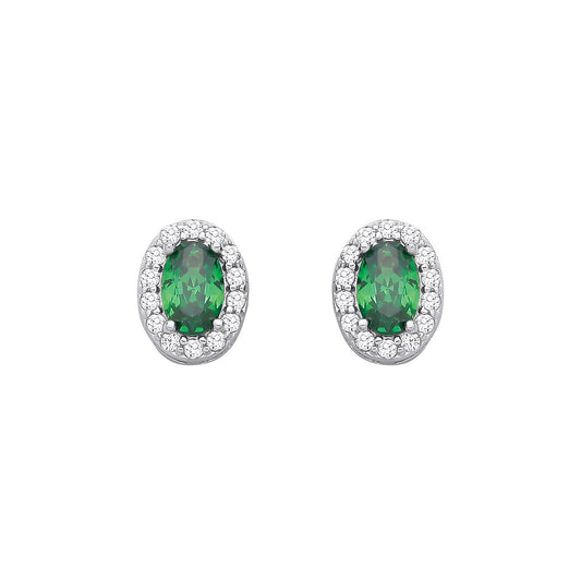 Silver  Green Oval CZ Oval Halo Royal Cluster Stud Earrings - EAG1334EM