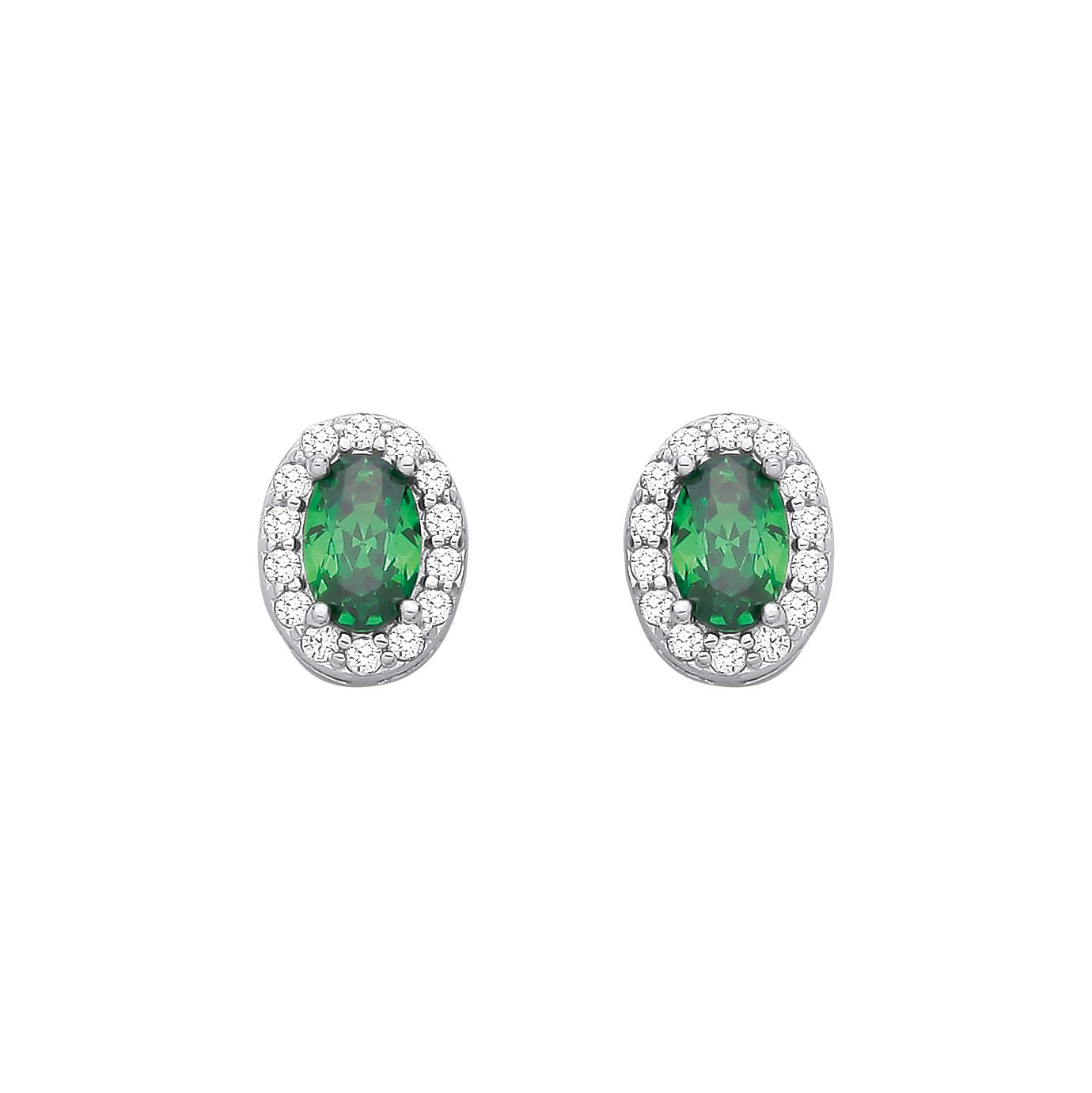Sterling Silver CZ Oval CZ & Emerald Halo Stud Earrings - EAG1334EM