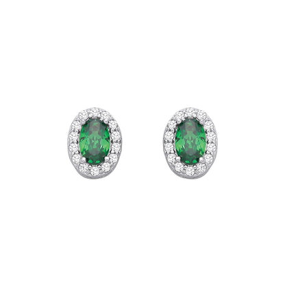 Sterling Silver CZ Oval CZ & Emerald Halo Stud Earrings - EAG1334EM