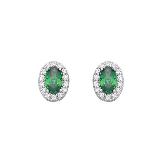 Sterling Silver CZ Oval CZ & Emerald Halo Stud Earrings - EAG1334EM