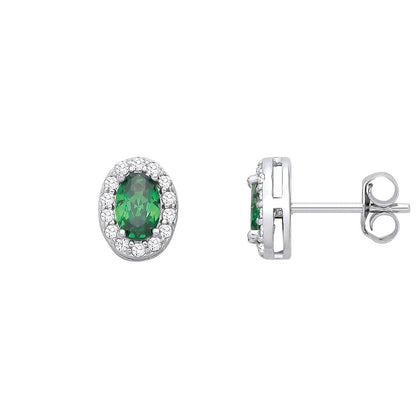 Silver  Green Oval CZ Oval Halo Royal Cluster Stud Earrings - EAG1334EM