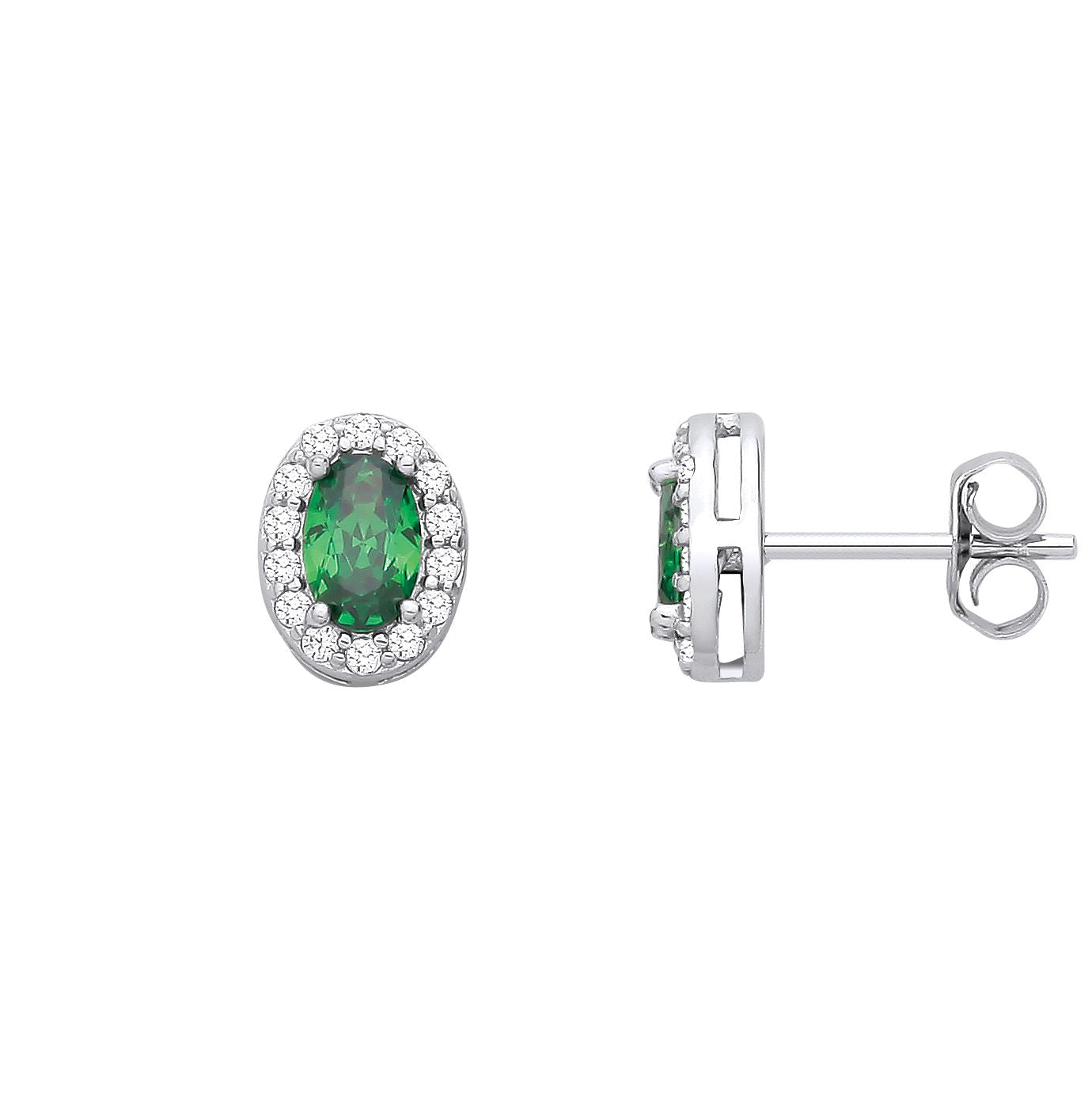 Sterling Silver CZ Oval CZ & Emerald Halo Stud Earrings - EAG1334EM
