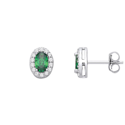 Sterling Silver CZ Oval CZ & Emerald Halo Stud Earrings - EAG1334EM