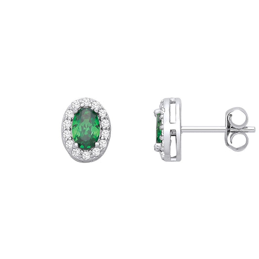 Sterling Silver CZ Oval CZ & Emerald Halo Stud Earrings - EAG1334EM