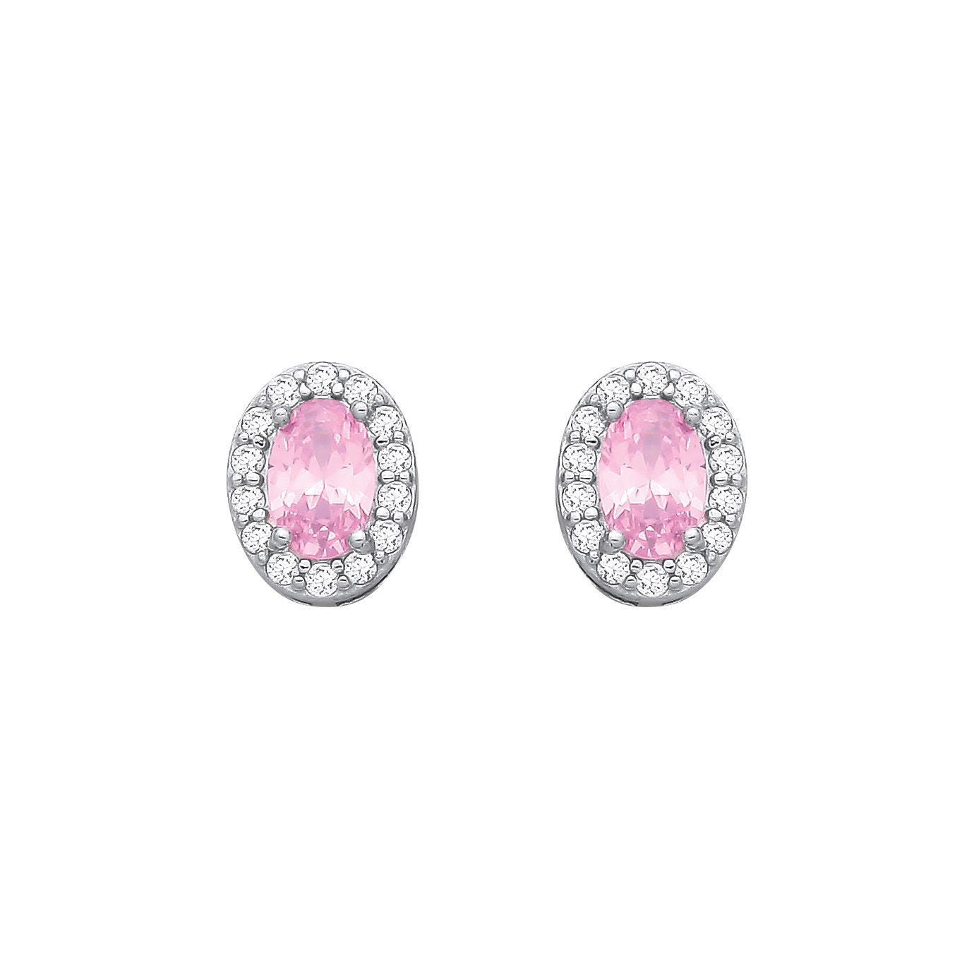 Silver  Pink Oval CZ Oval Halo Royal Cluster Stud Earrings - EAG1334PINK