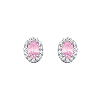 Silver  Pink Oval CZ Oval Halo Royal Cluster Stud Earrings - EAG1334PINK