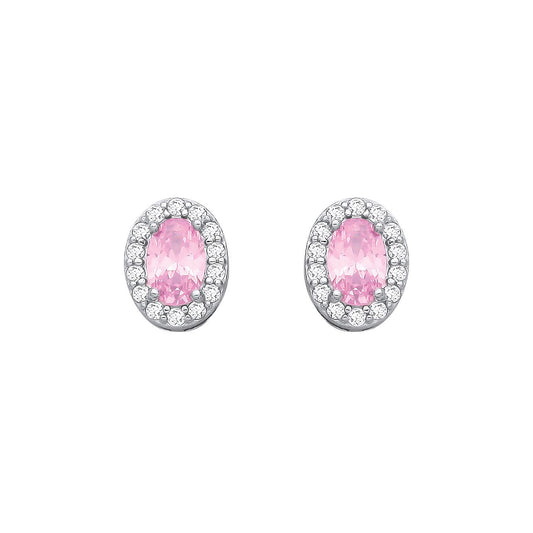 Silver  Pink Oval CZ Oval Halo Royal Cluster Stud Earrings - EAG1334PINK