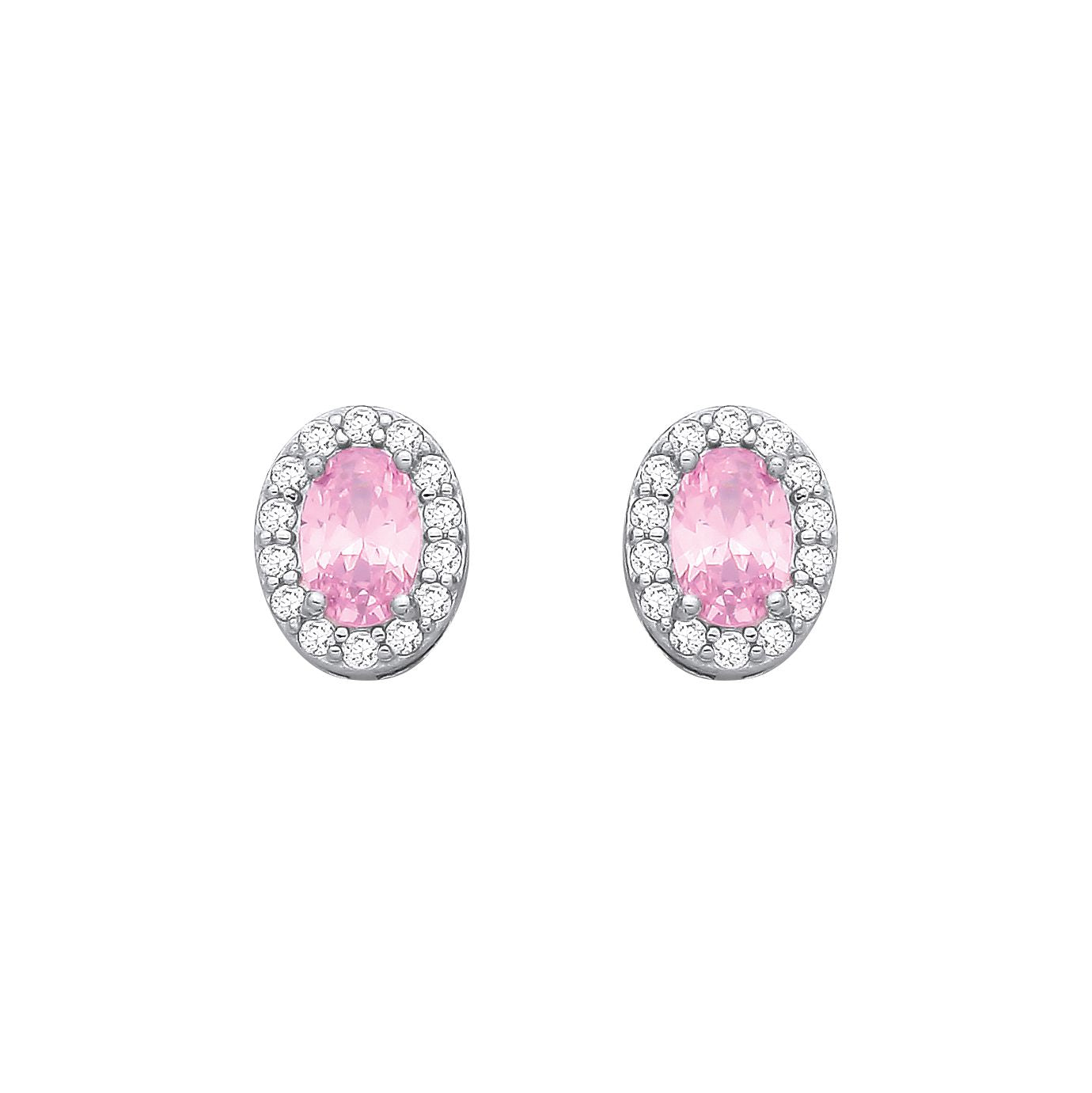 Sterling Silver CZ Oval CZ & Pink Halo Stud Earrings - EAG1334PINK
