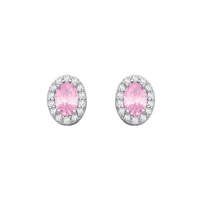 Sterling Silver CZ Oval CZ & Pink Halo Stud Earrings - EAG1334PINK
