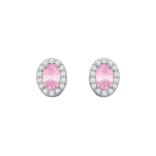 Sterling Silver CZ Oval CZ & Pink Halo Stud Earrings - EAG1334PINK