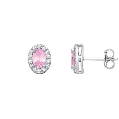 Silver  Pink Oval CZ Oval Halo Royal Cluster Stud Earrings - EAG1334PINK